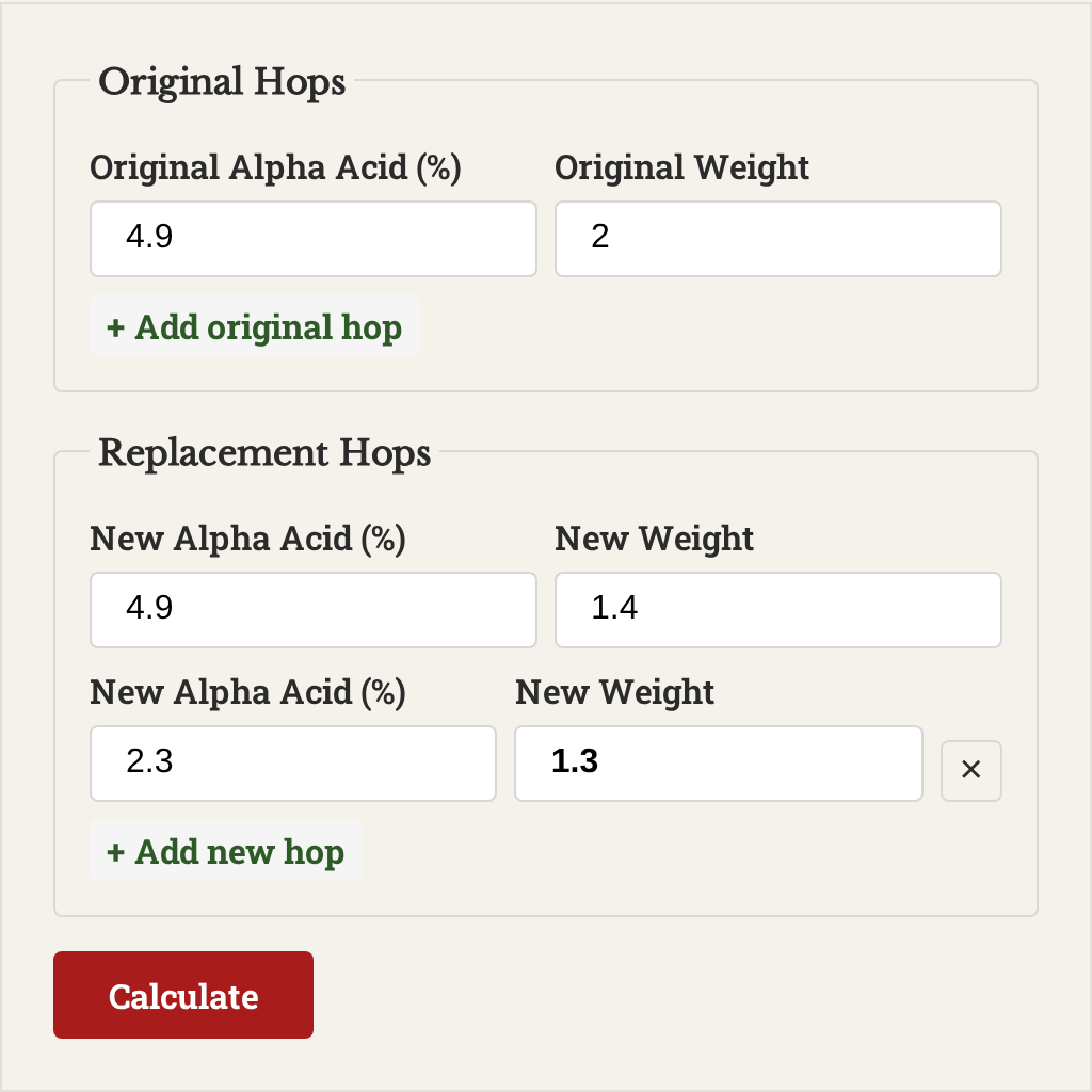 Advanced alpha acid calculator filled in for example 3: original 4.9% at 2oz, replacements 4.9% at 1.4oz and 2.3% at 1.4oz