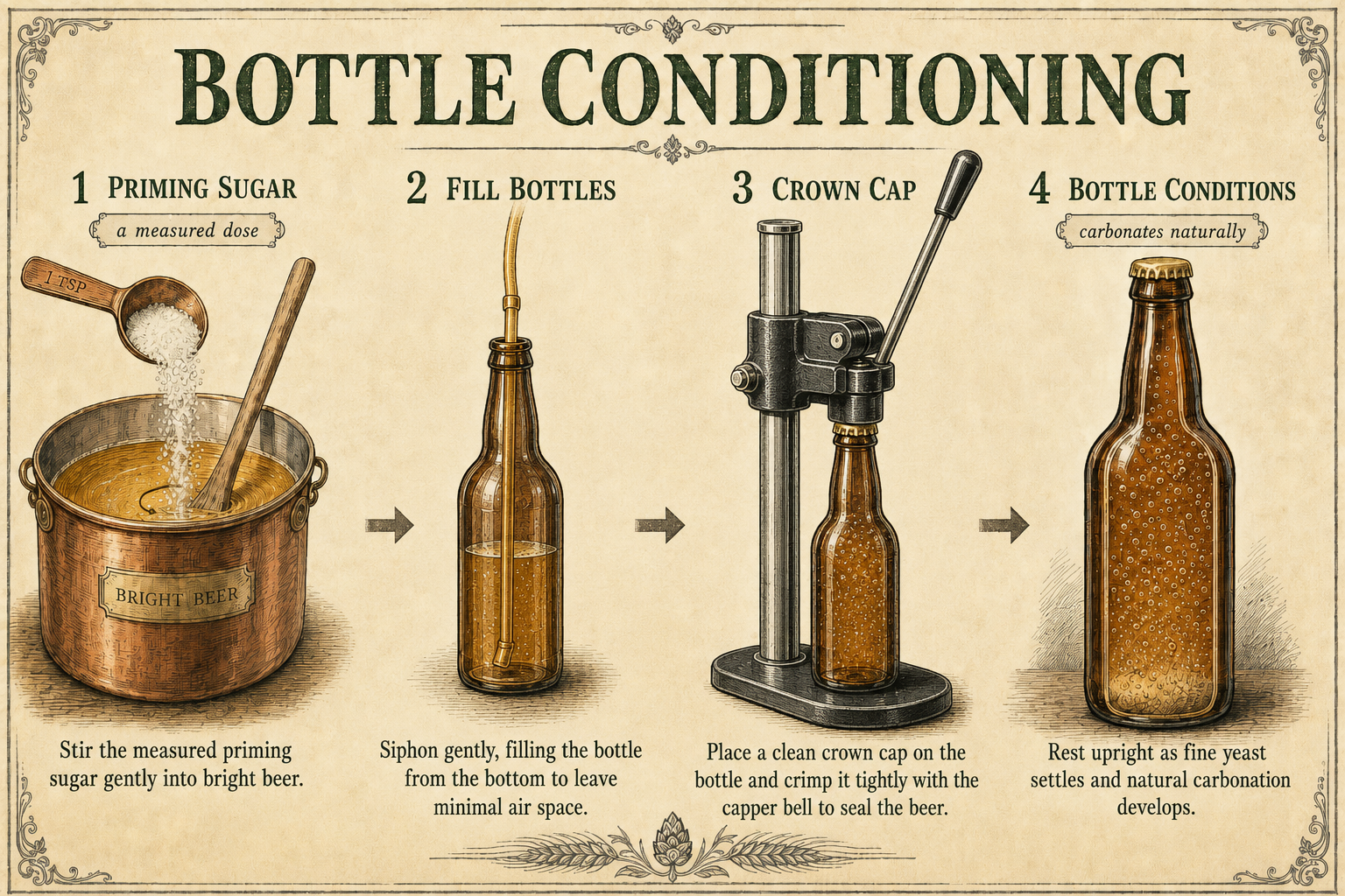 Labelled brewing-manual diagram of bottle conditioning, showing a measured dose of priming sugar being added, beer siphoned gently off the sediment into a bottle, a crown cap being applied, and the sealed bottle carbonating with a fine yeast deposit settling at the base.