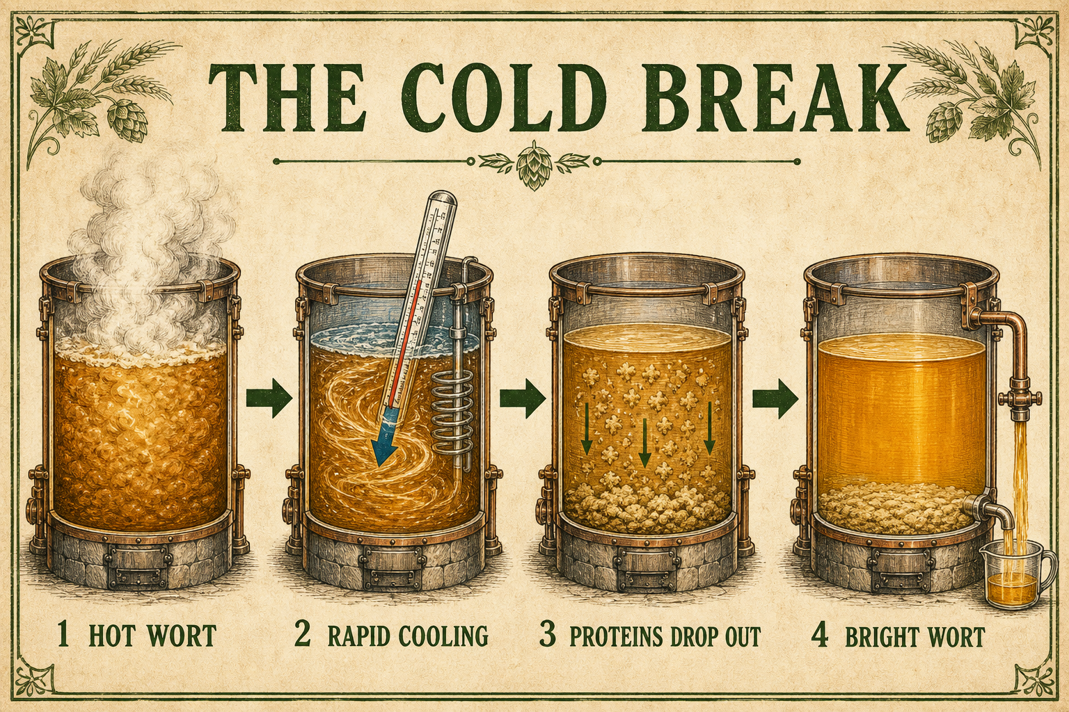 Heritage infographic explaining the cold break: hot cloudy wort at boiling point is rapidly cooled, proteins and tannins clump together and settle to the bottom of the vessel, and bright clear wort is drawn off above the sediment.