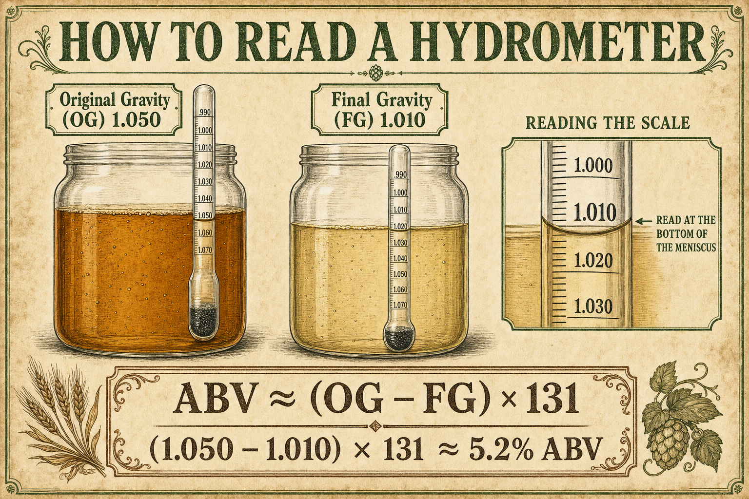 Brewing-manual infographic explaining how to read a hydrometer: a labelled hydrometer floating at the original gravity then lower at the final gravity, with the ABV formula (OG minus FG) times 131 and a worked example.