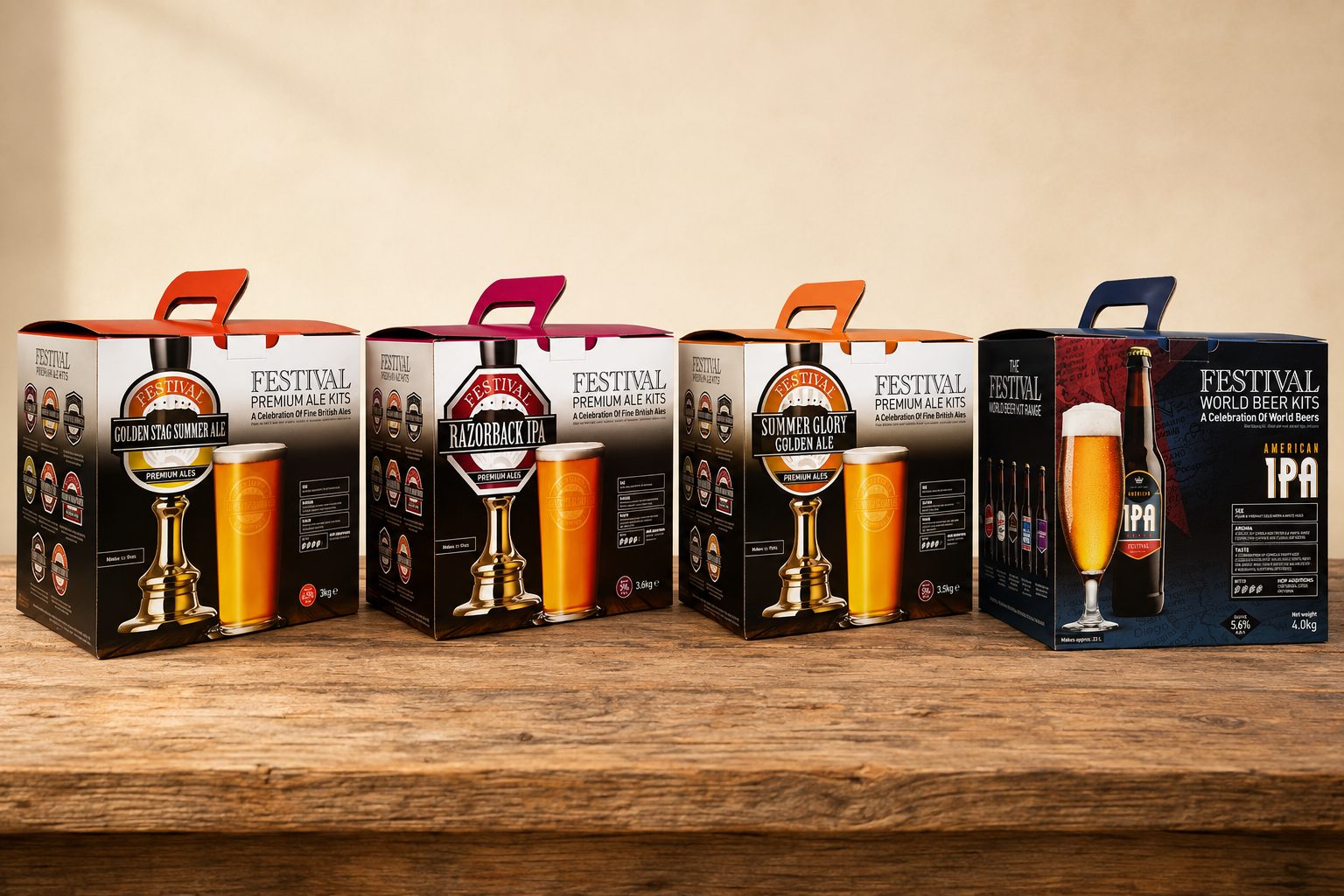 Four Festival kit boxes on a wooden bench: three black Premium Ale boxes with pump-clip crests and brass beer engines — Golden Stag, Razorback IPA and Summer Glory — beside the navy World Beers American IPA box with a bottle and stemmed glass.