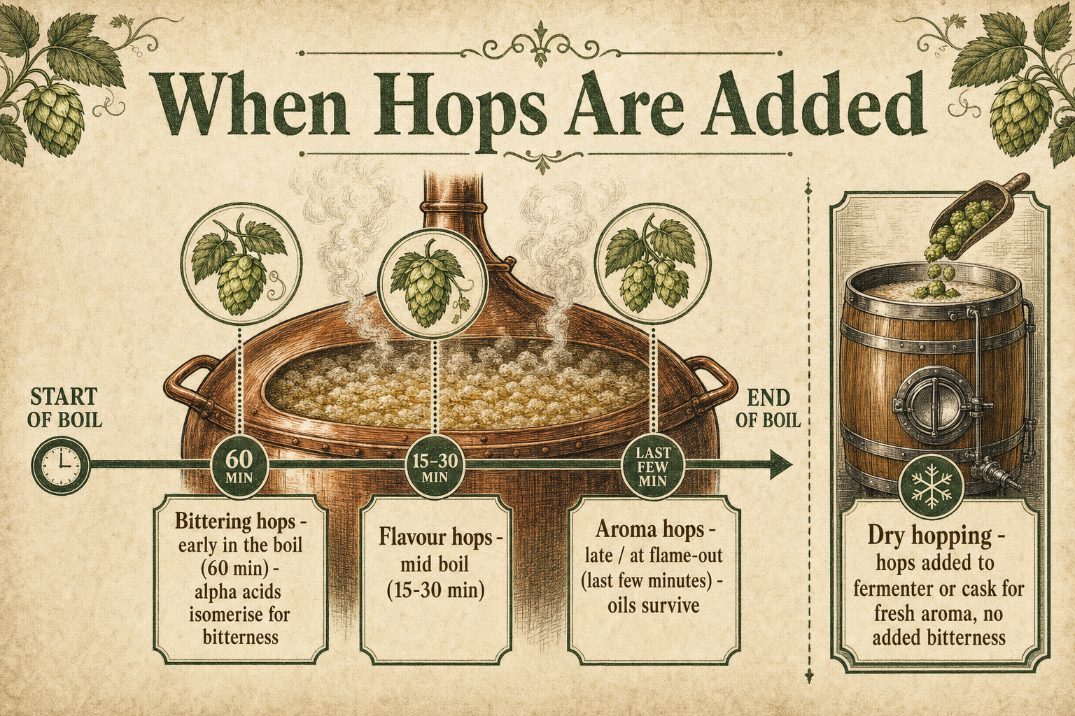 Diagram of a brew kettle showing hops added at different points of the boil for bittering, flavour and aroma, and a separate fermenter or cask showing dry hopping with hops added cold for aroma without bitterness.