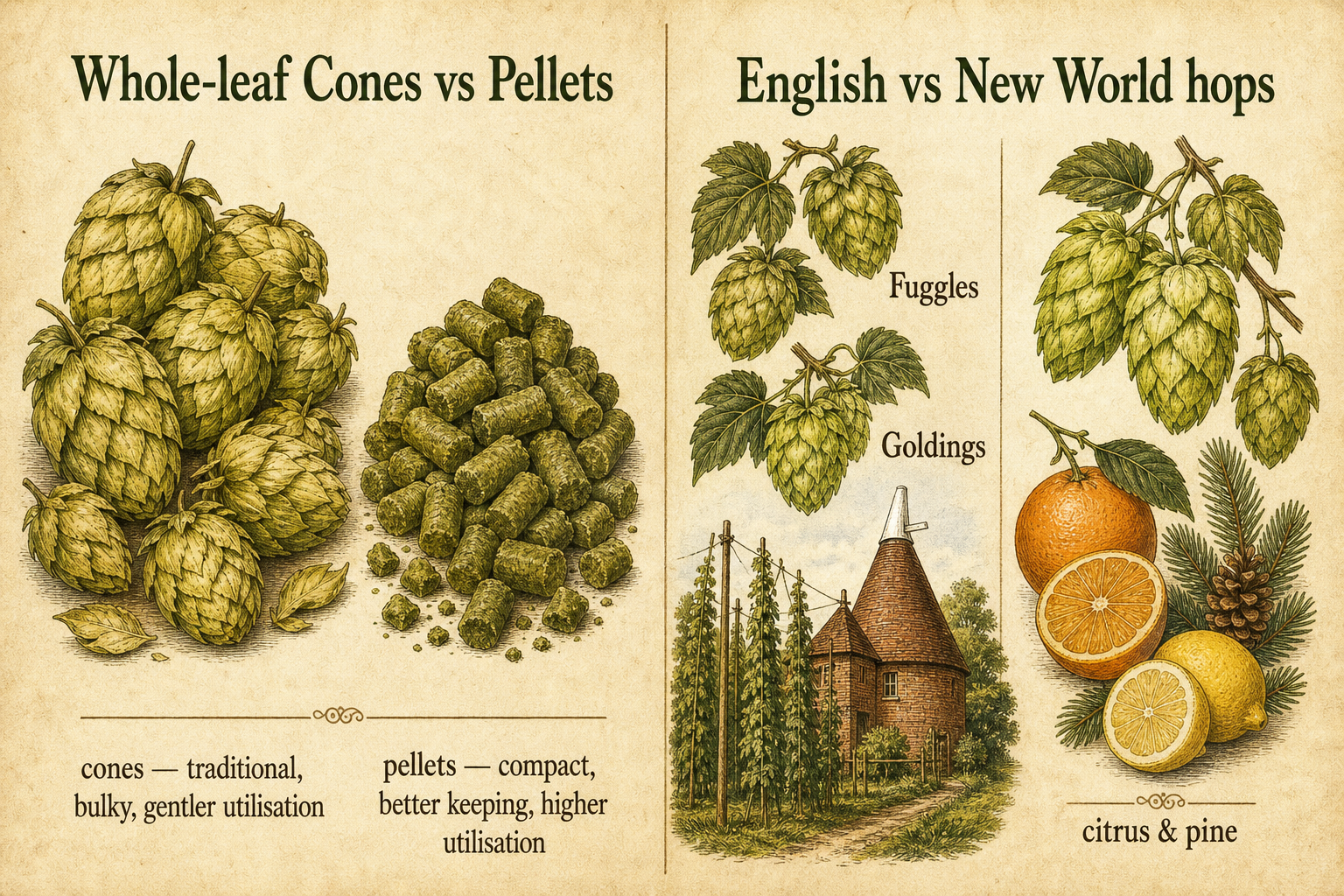 Heritage brewing infographic comparing whole-leaf hop cones with compressed hop pellets, and English hop varieties Fuggles and Goldings with an oast house in a Kent hop garden against citrus-and-pine New World aroma hops.