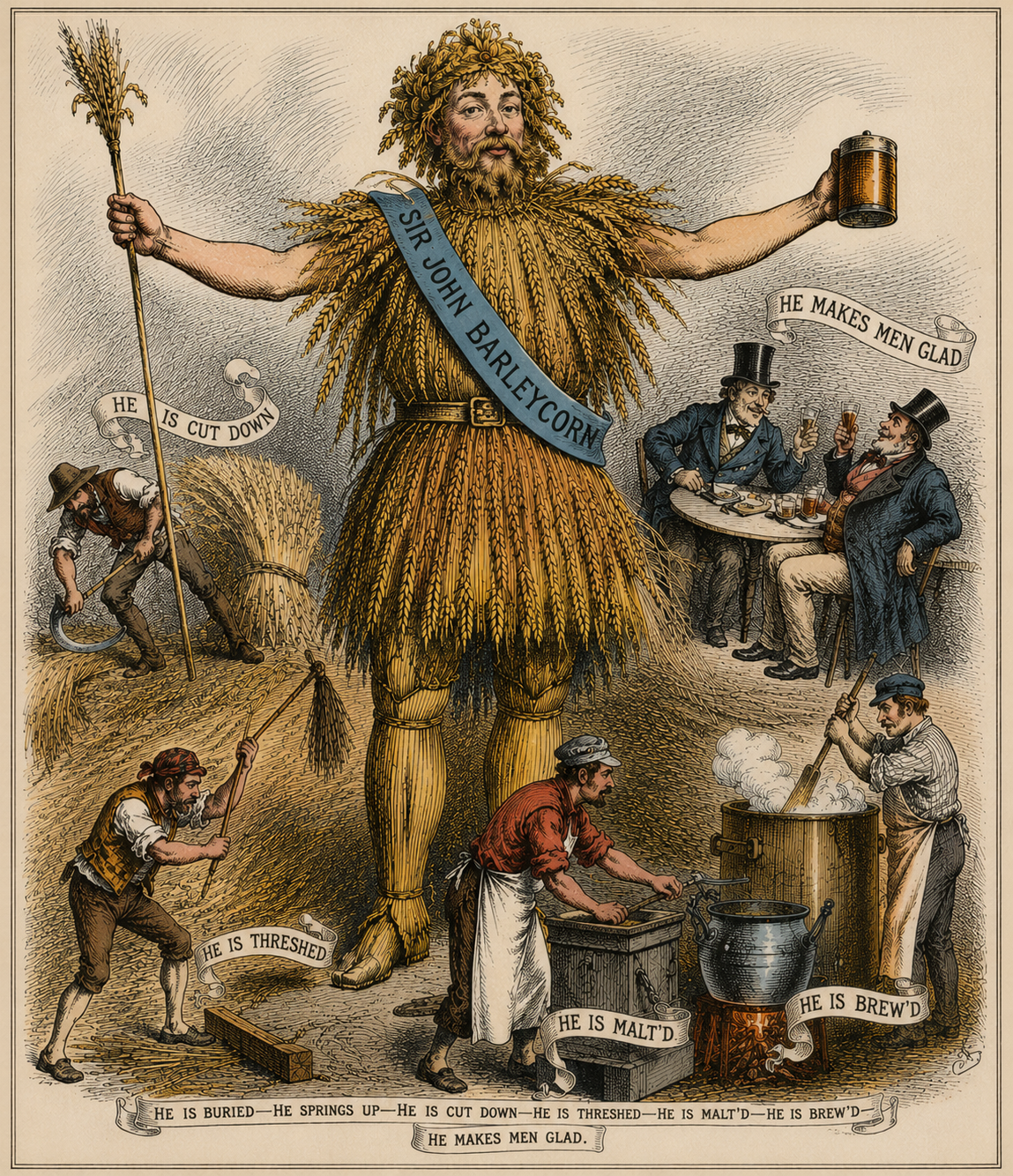Vintage colour print of Sir John Barleycorn — a figure clothed in barley sheaves holding a tankard, surrounded by scenes of harvesting, threshing, malting and brewing.
