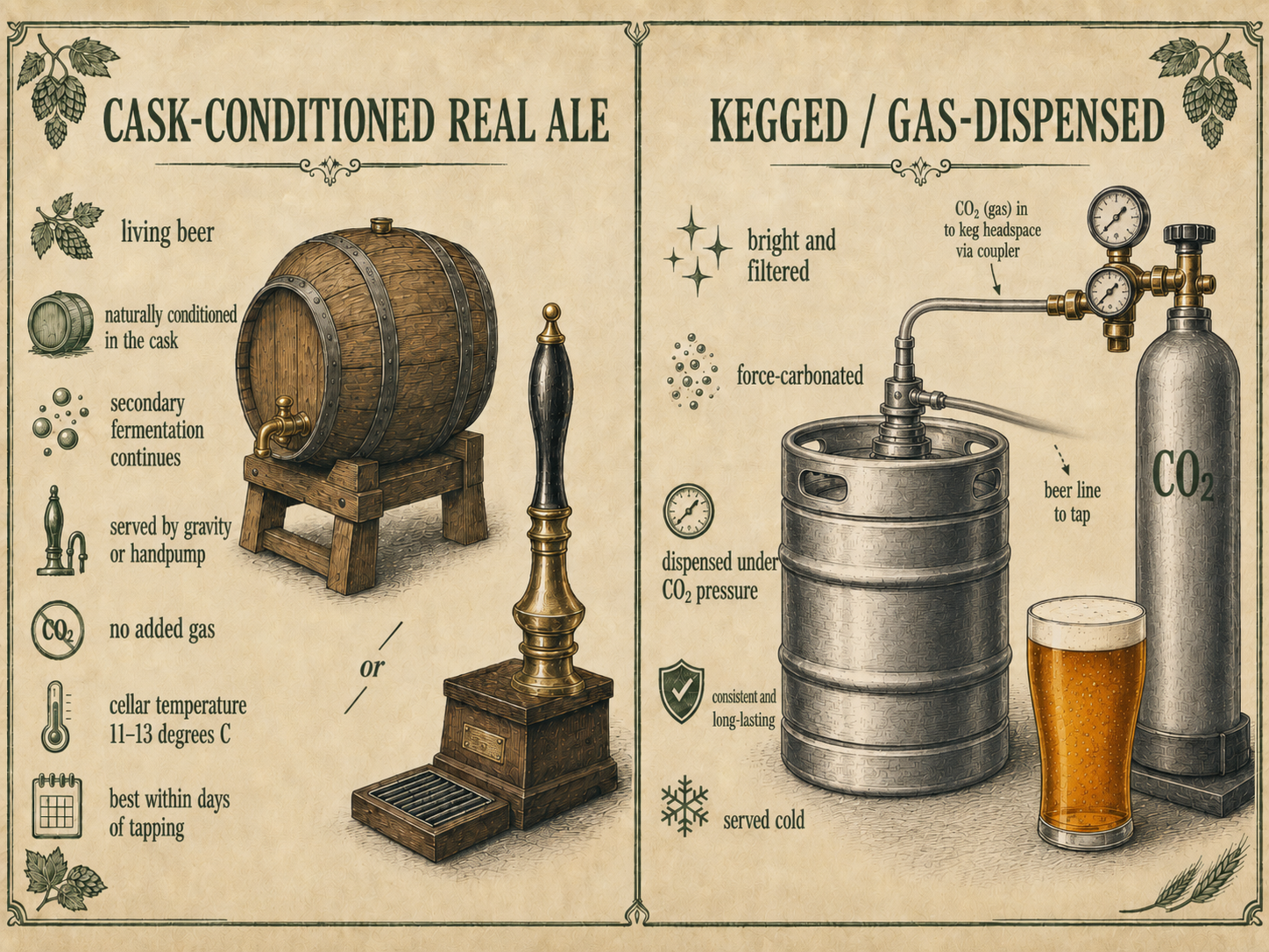 Comparison infographic contrasting cask-conditioned real ale — living, naturally conditioned, served by gravity or handpump at cellar temperature with no added gas — against kegged beer that is bright, force-carbonated, dispensed under CO2 pressure and served cold.