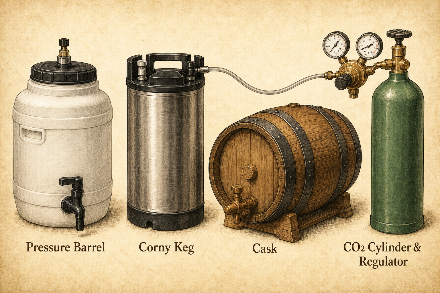 Heritage illustration of beer-packaging vessels — a plastic pressure barrel with tap and CO2 cap, a stainless steel cornelius keg with disconnect posts, and a traditional wooden British cask on its side — beside a CO2 gas cylinder fitted with a two-gauge regulator and gas line.
