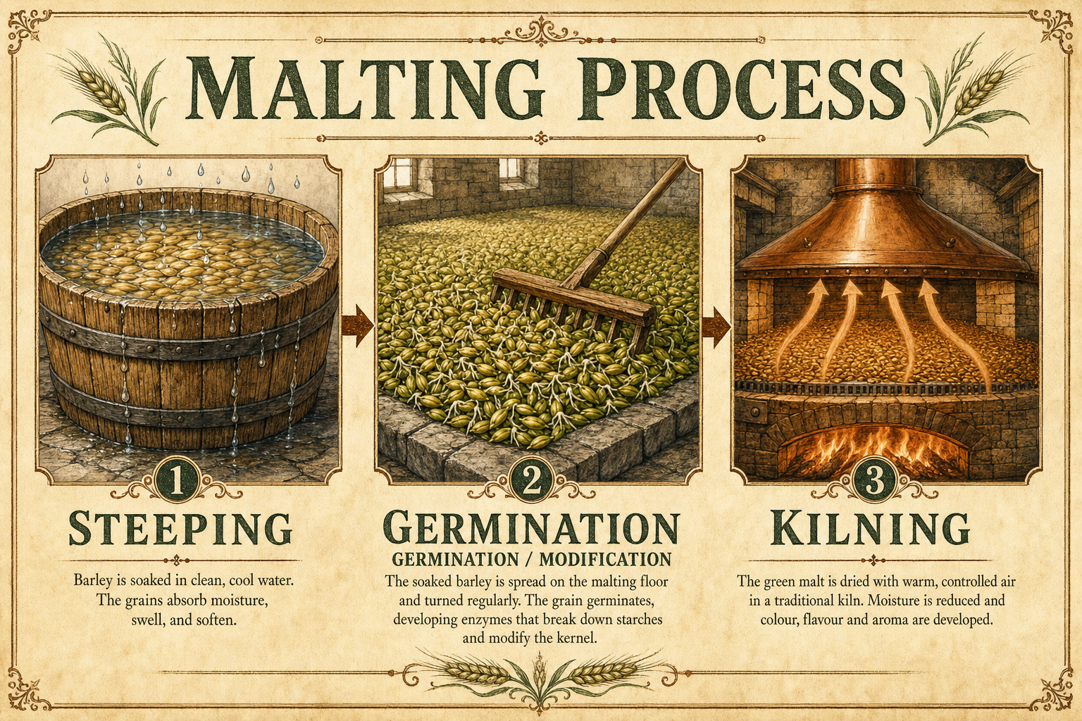 Labelled brewing-manual diagram of the malting process in three stages — steeping the barley in water, germination on the malting floor with the rootlets sprouting, and kilning in a malt kiln to dry and colour the grain — with serif captions for each stage.