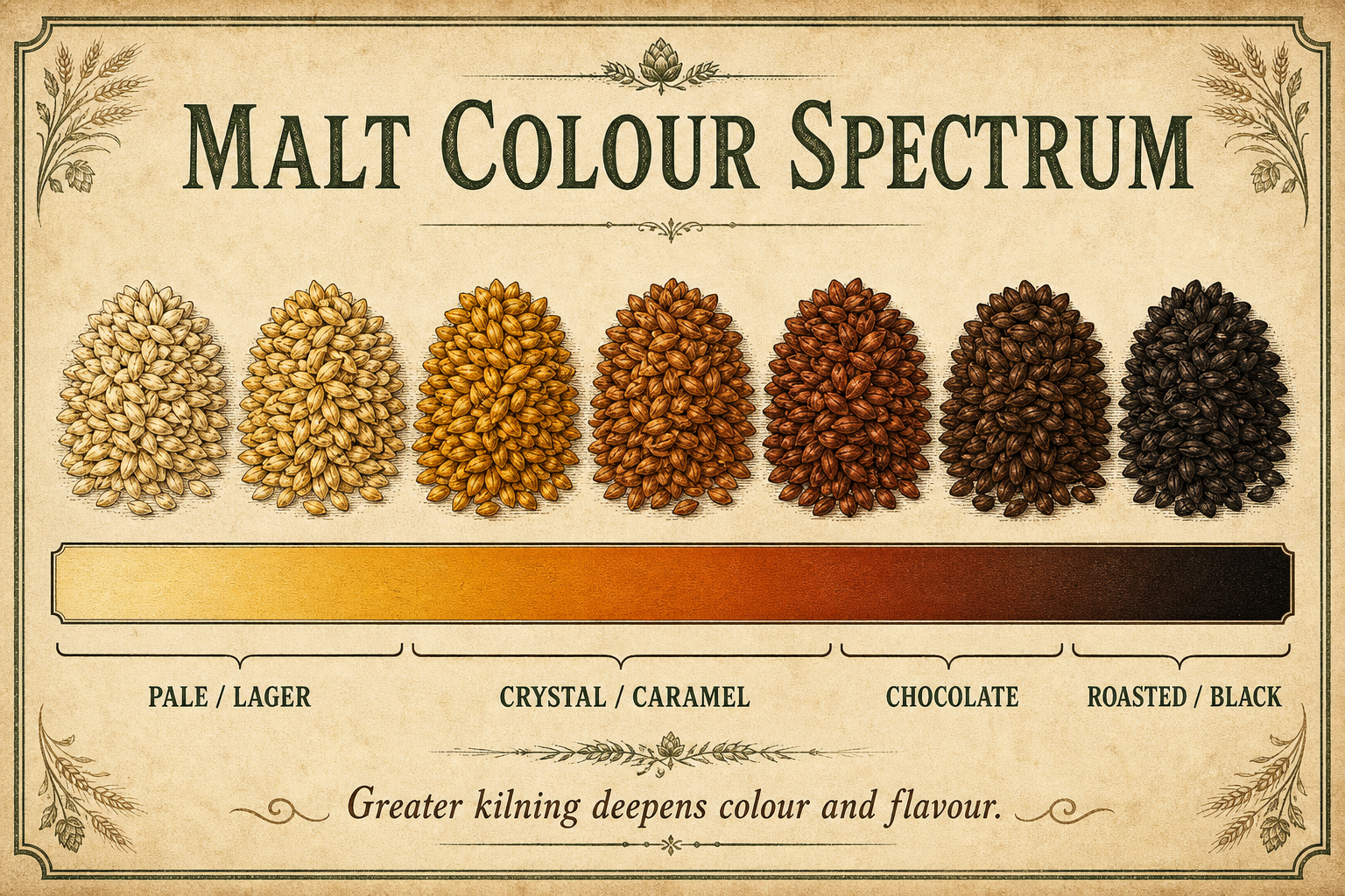 Brewing-manual infographic of the malt colour spectrum, a row of grain swatches running from very pale lager and pale ale malt through golden, amber and crystal or caramel malts to deep brown, chocolate and black roasted malts, with serif labels showing how greater kilning deepens the colour.