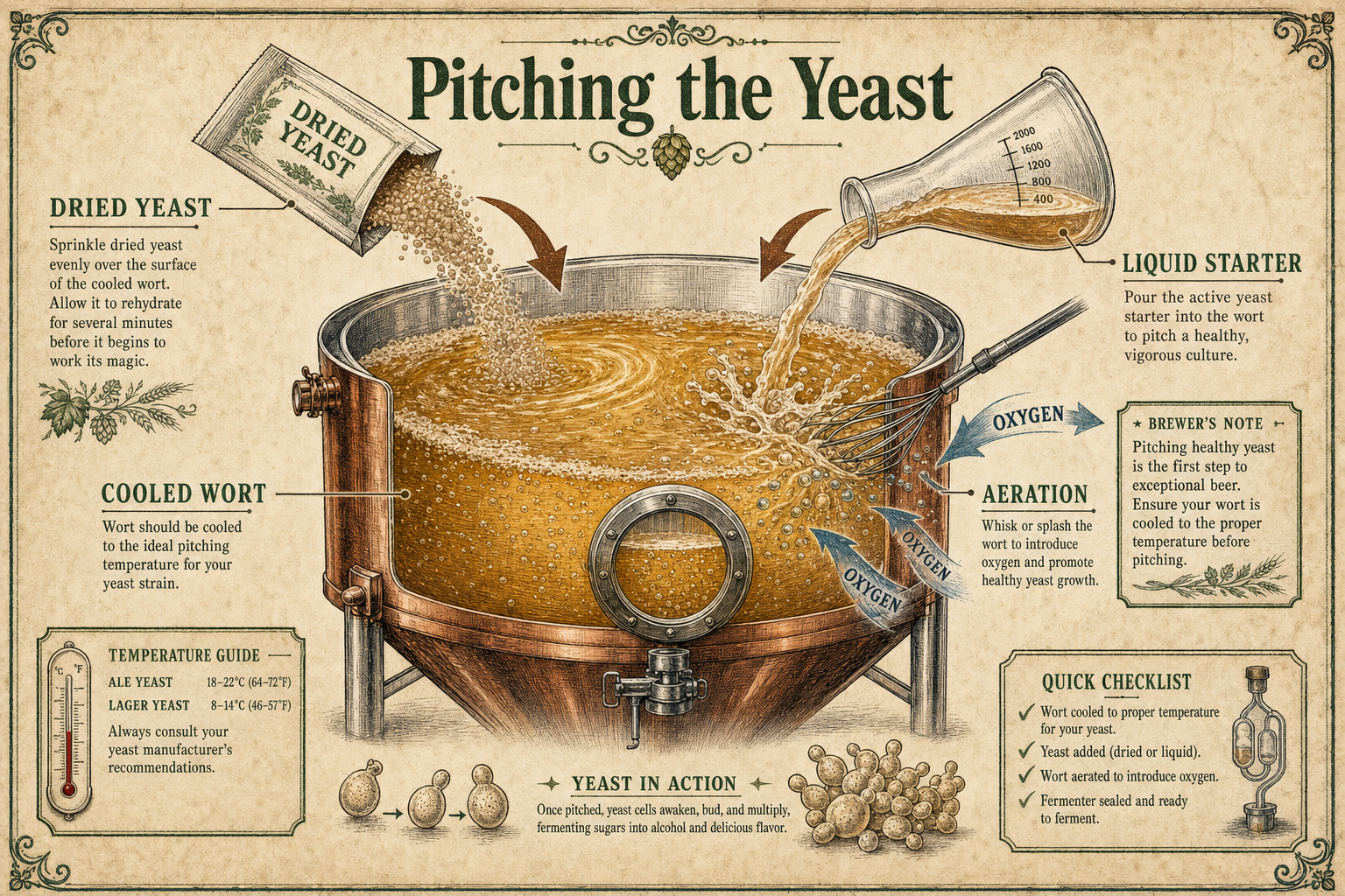 Labelled brewing diagram of pitching the yeast — a sachet of dried yeast and a swirling liquid-yeast starter flask being added to a fermenter of cooled, golden wort, with arrows showing oxygen being introduced as the wort is aerated and the yeast settling in to multiply.