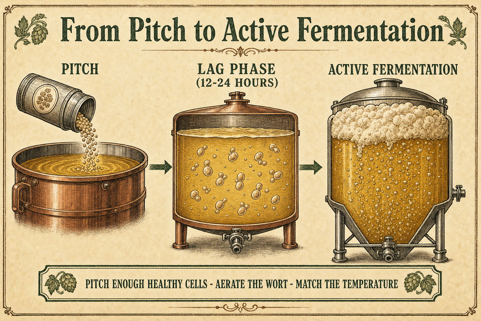 Brewing-manual timeline illustration showing the progress from pitching to active fermentation — the lag phase with yeast cells multiplying in oxygenated wort, then the onset of a foaming krausen head and rising bubbles as fermentation becomes vigorous, with a small callout reminding the brewer to pitch enough healthy cells and to aerate the wort.
