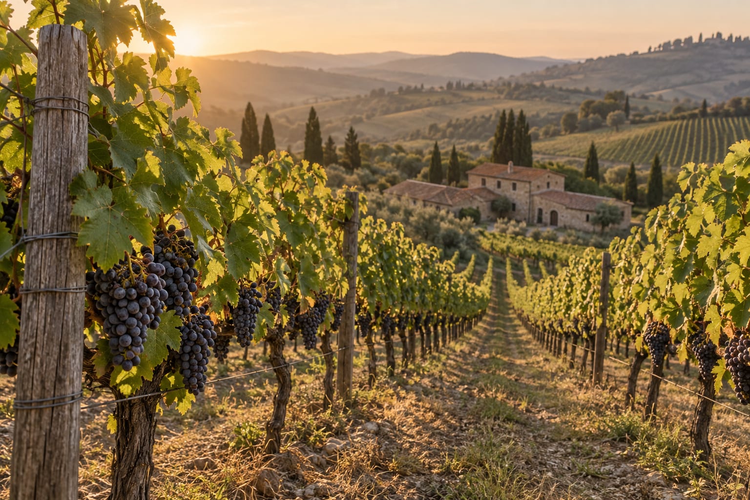 Rows of vines heavy with dark grapes running down a hillside towards a small stone winery in evening light.