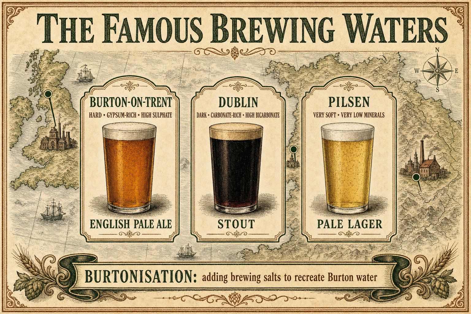 Heritage infographic of the famous brewing waters: a map and labelled panels contrasting Burton-on-Trent's hard, gypsum-rich water for pale ale, Dublin's dark carbonate-rich water for stout, and Pilsen's very soft water for pale lager, with a banner explaining Burtonisation.
