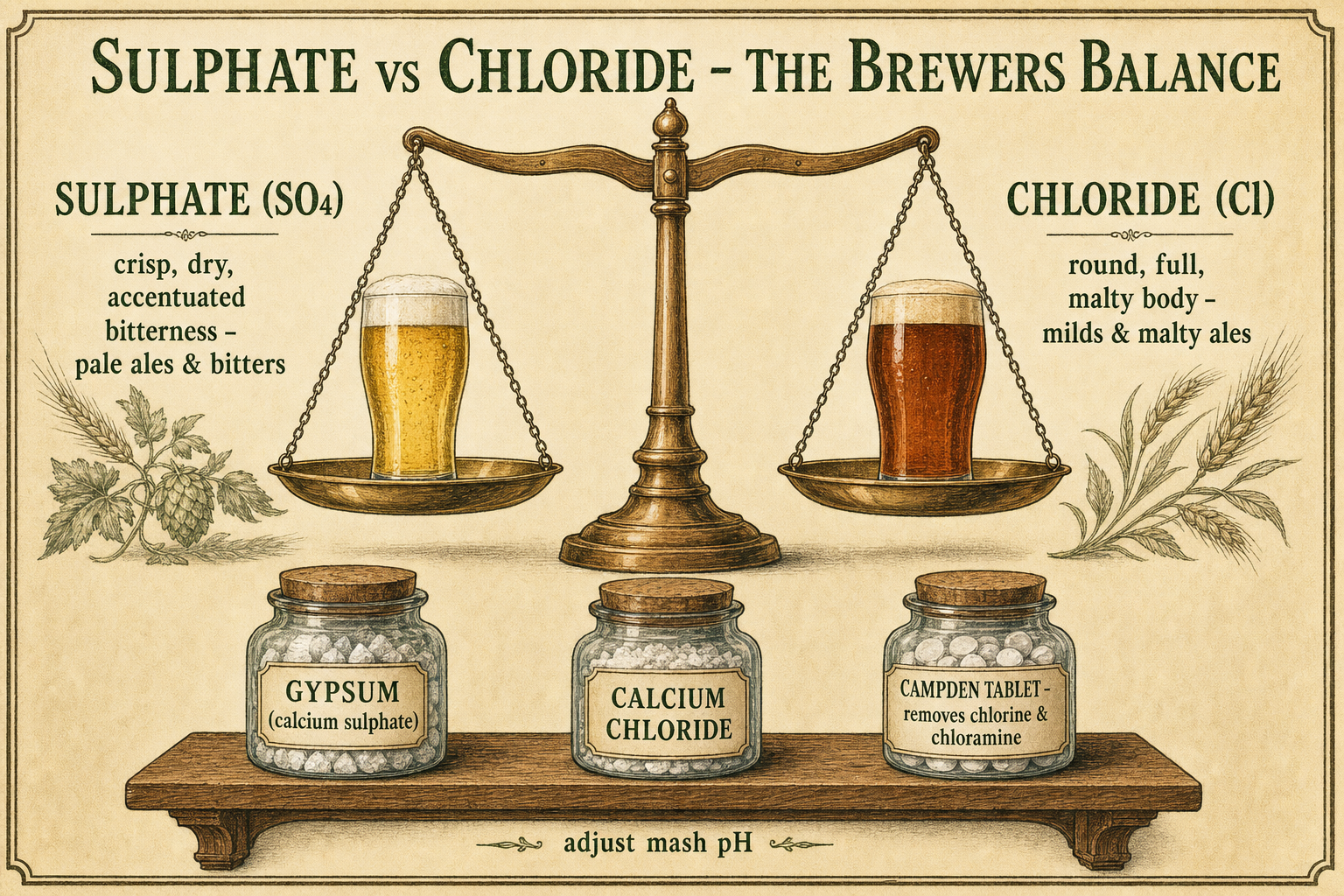 Infographic showing a balance between sulphate and chloride: the sulphate side gives a crisp, dry, bitter pale ale; the chloride side gives a round, full, malty beer. Below, a shelf of treatment salts — gypsum, calcium chloride — and a Campden tablet for removing chlorine from tap water.